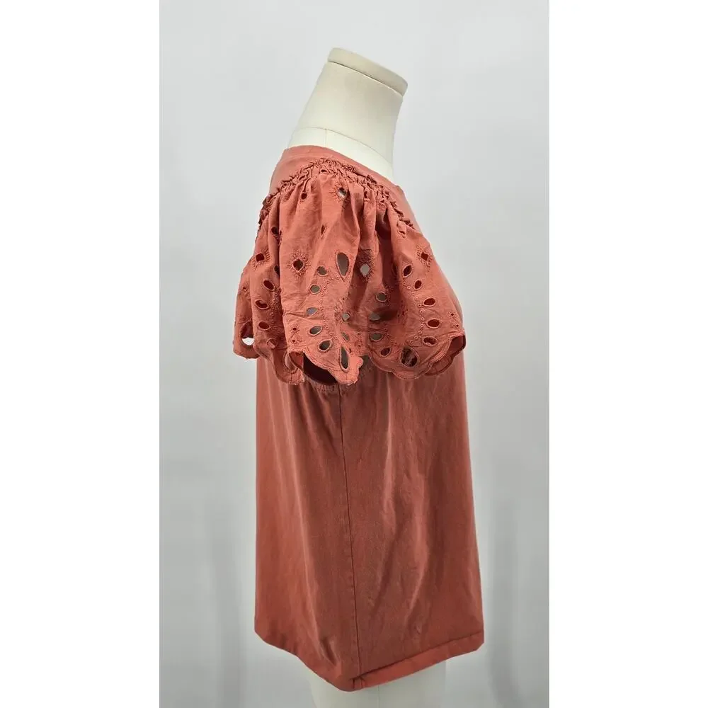 Express Minimalist Preppy‎ Rust Puff Sleeve Eyelet Tee